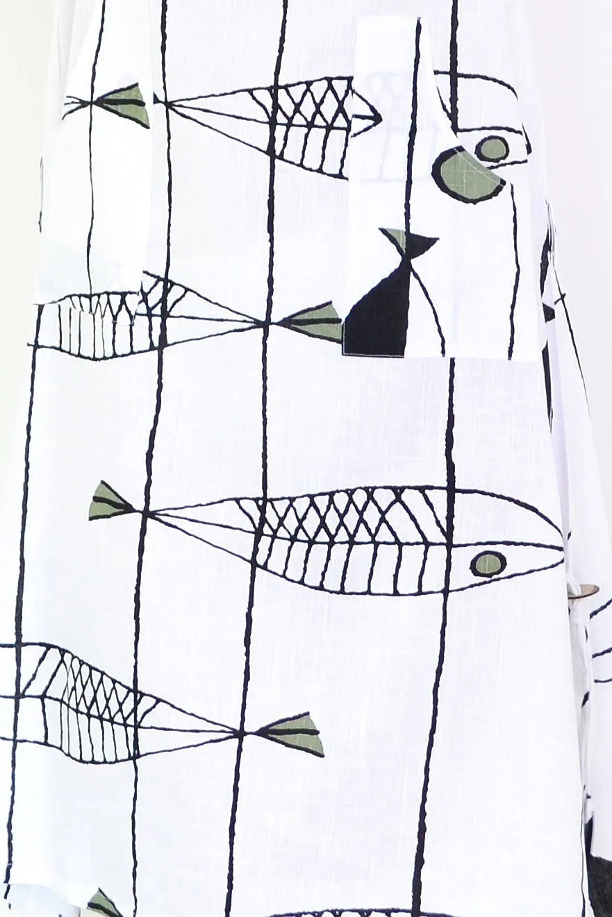 White Linen Cotton Print Tunic Dress