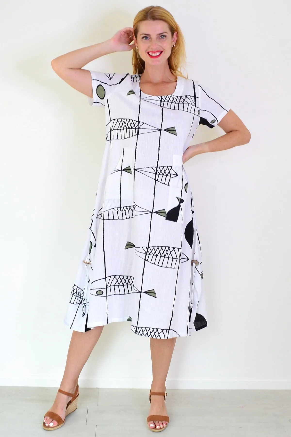 White Linen Cotton Print Tunic Dress