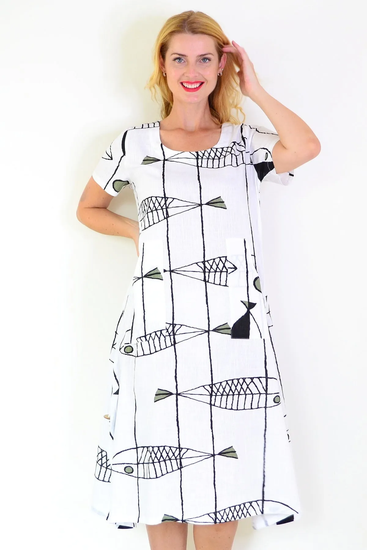 White Linen Cotton Print Tunic Dress