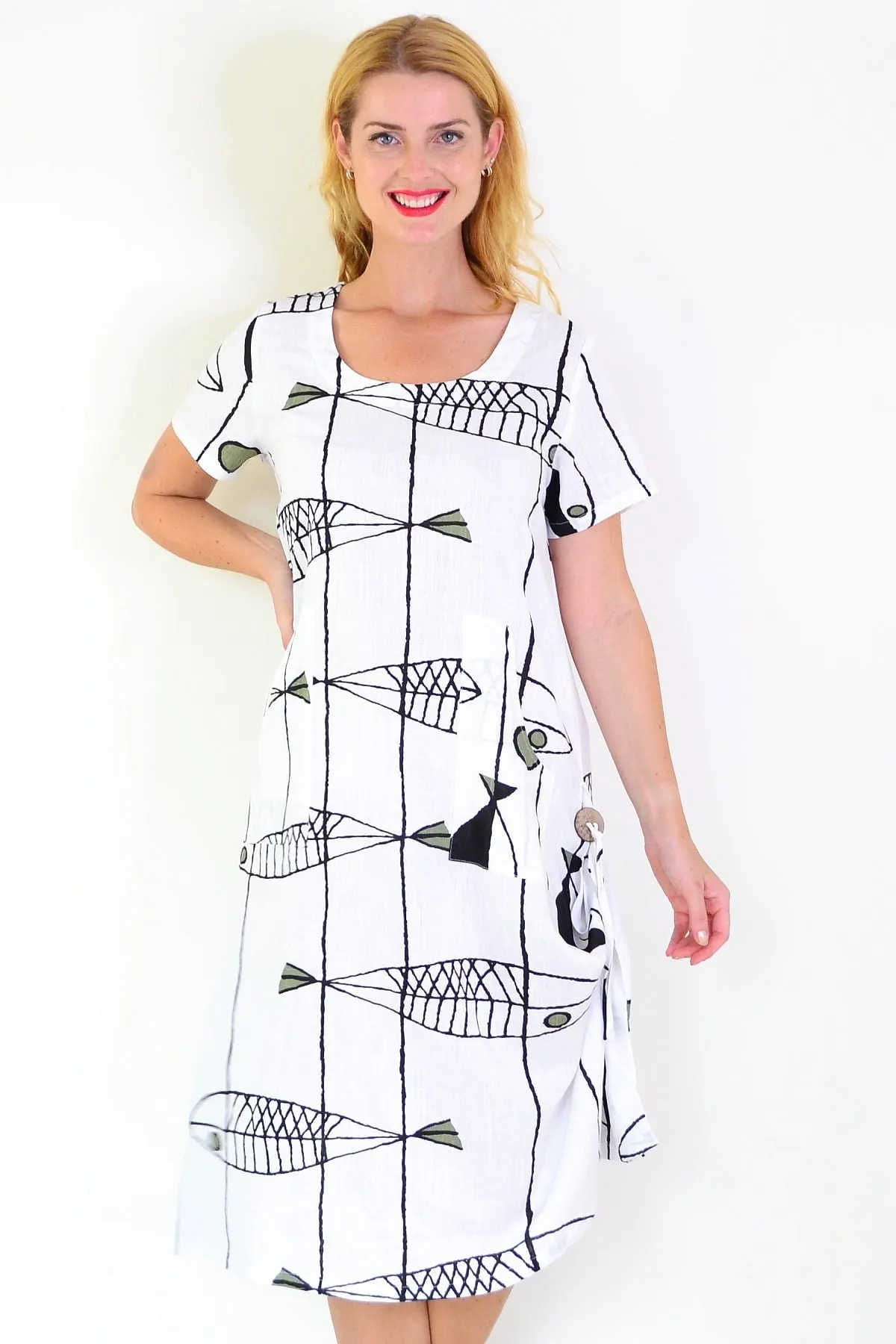 White Linen Cotton Print Tunic Dress