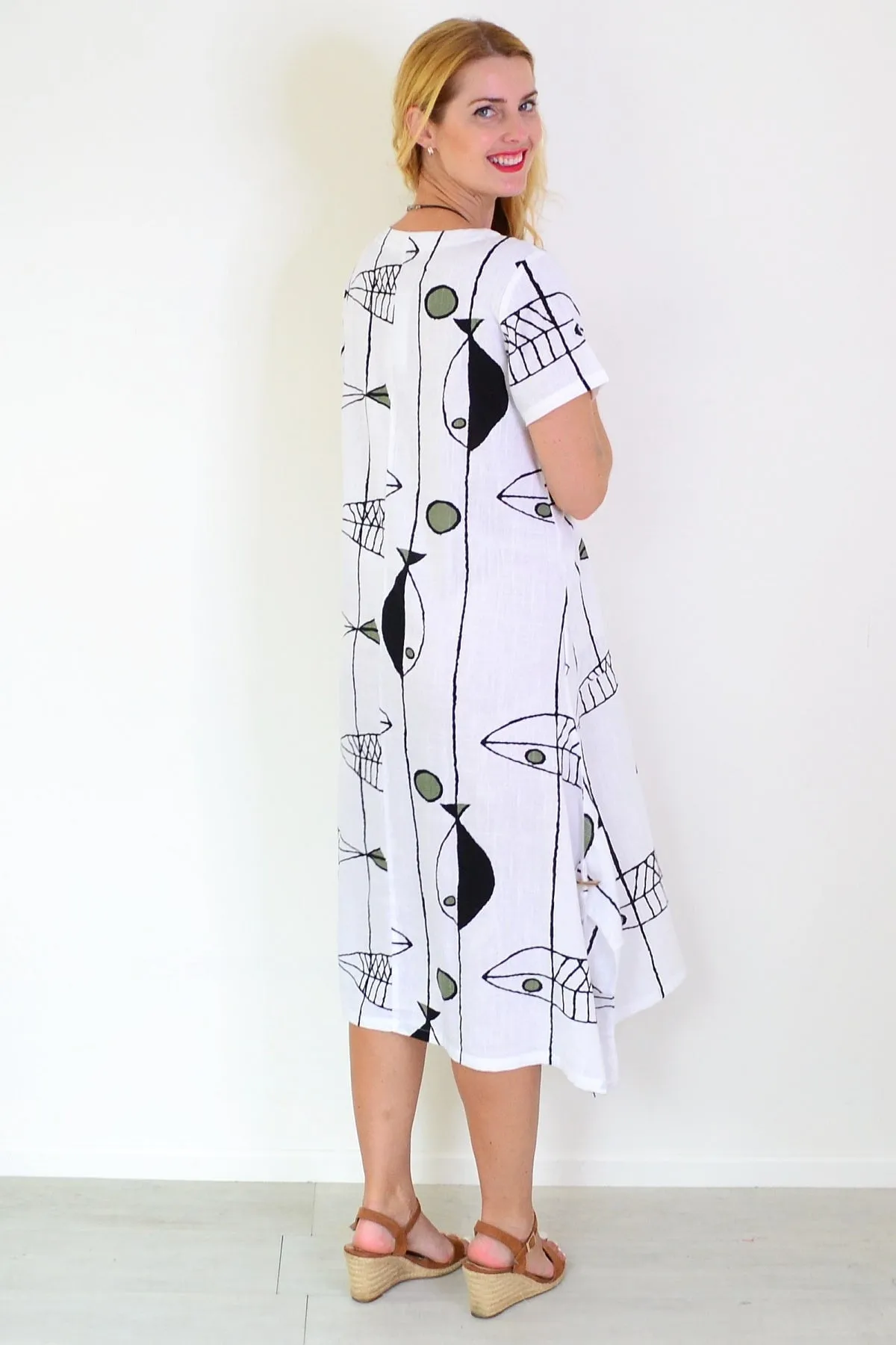 White Linen Cotton Print Tunic Dress