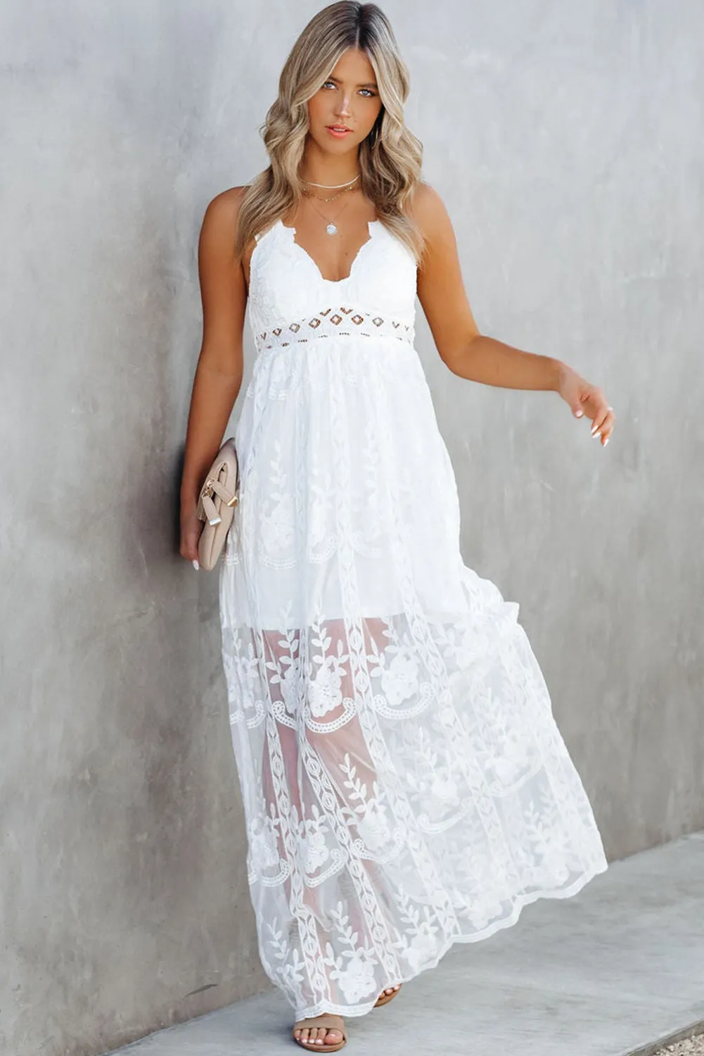 White Maxi Dress Lace Crisscross Backless Cocktail Party Maxi Long Dress