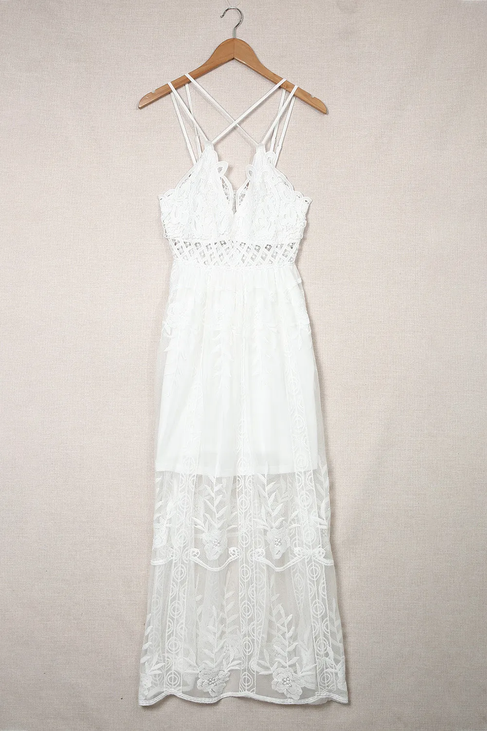 White Maxi Dress Lace Crisscross Backless Cocktail Party Maxi Long Dress