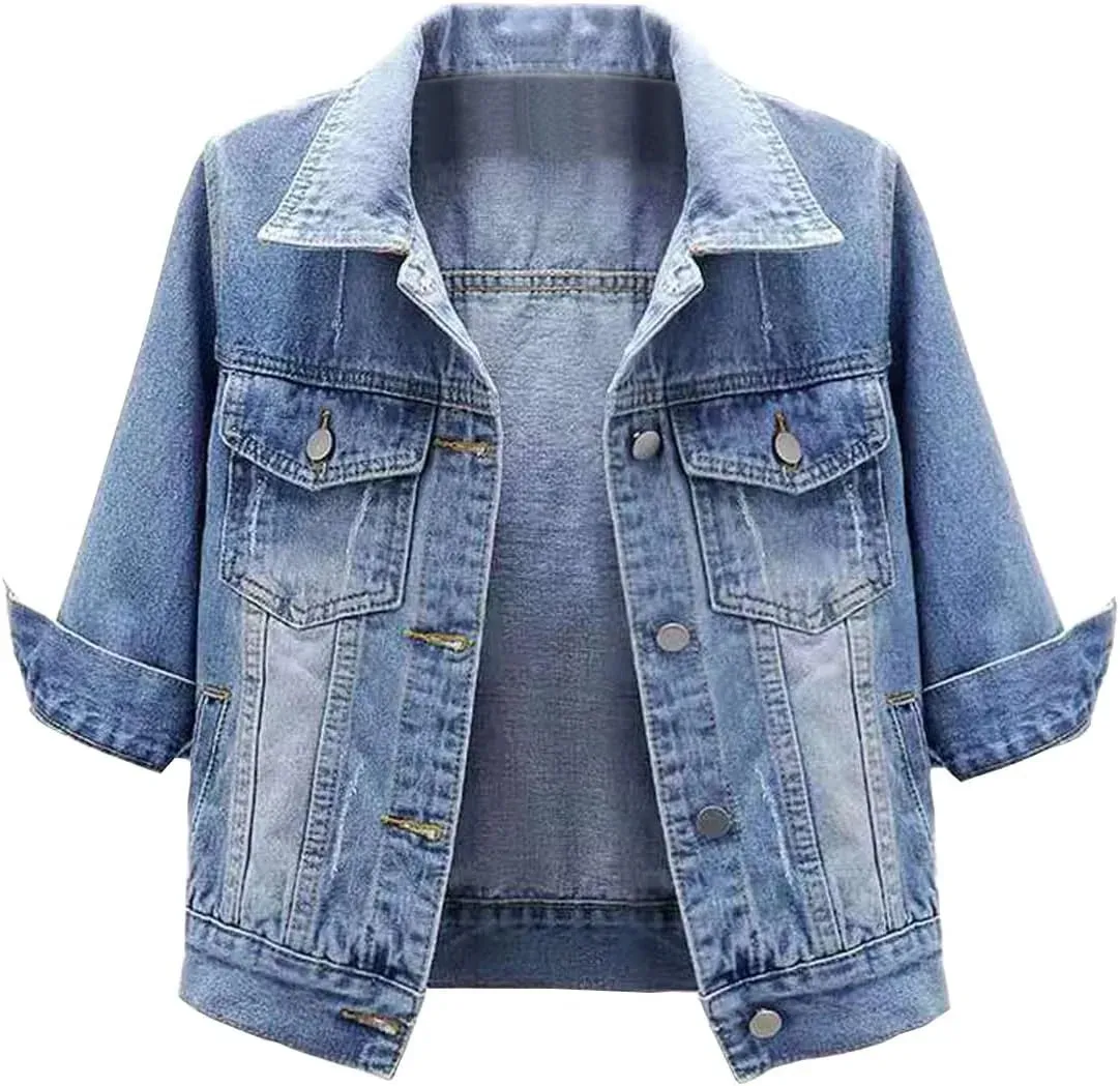 Women Boxy Denim Jacket with 3/4 Sleeves