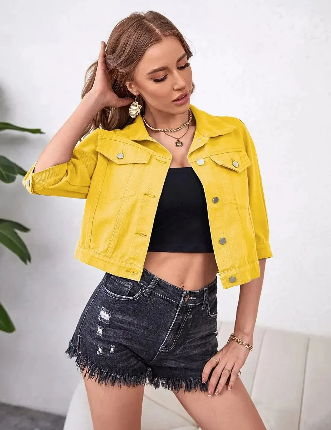 Women Boxy Denim Jacket with 3/4 Sleeves