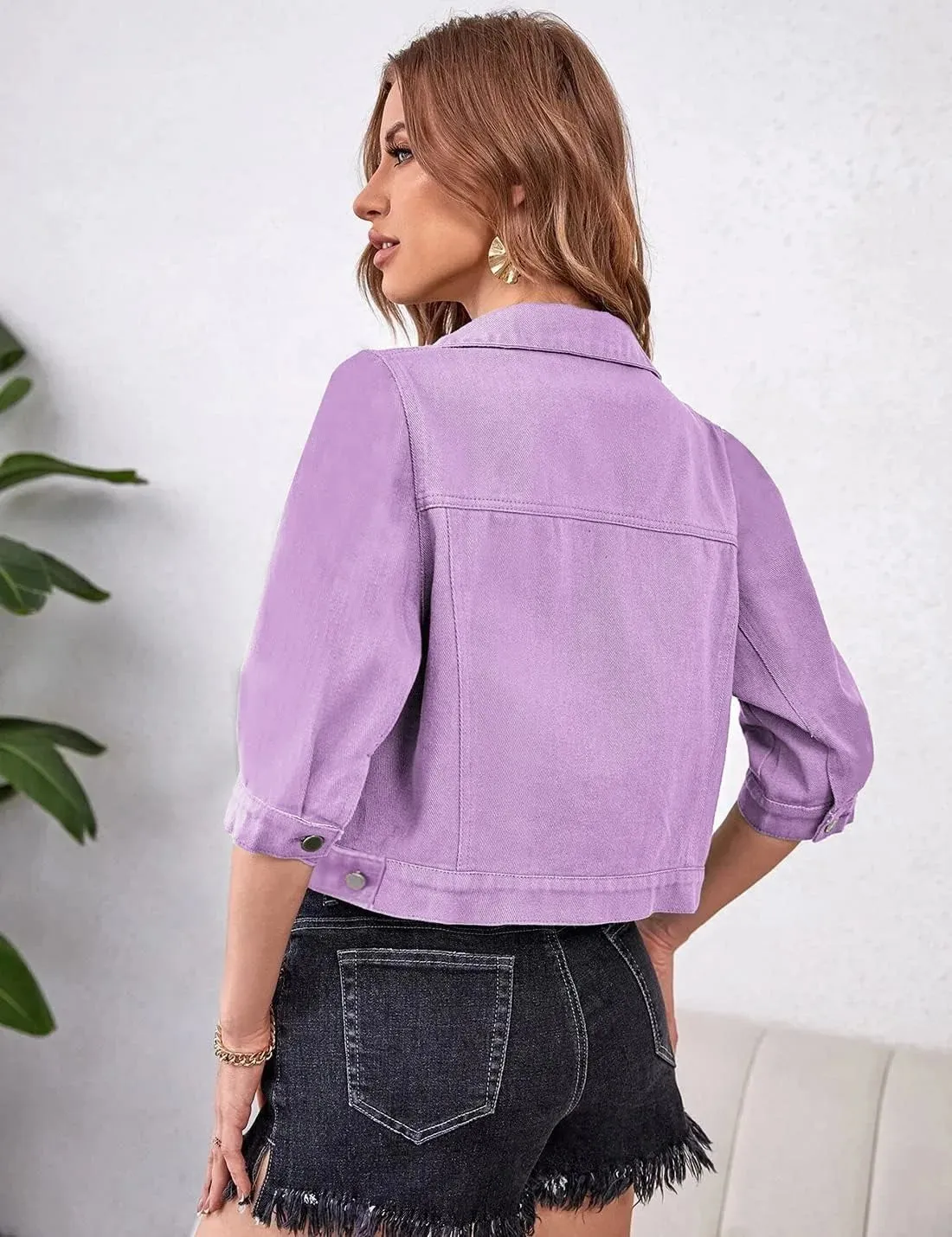 Women Boxy Denim Jacket with 3/4 Sleeves