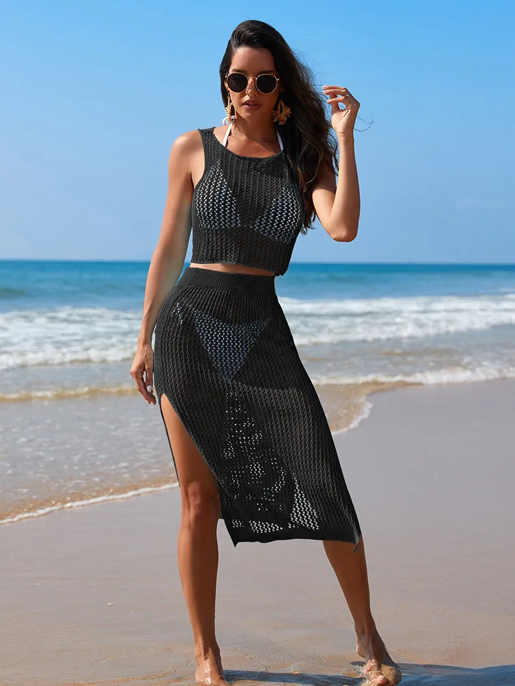 Women Crochet Hollow Out Swim Cover Up Knit Mesh Tunic Beach Dress Side Slit