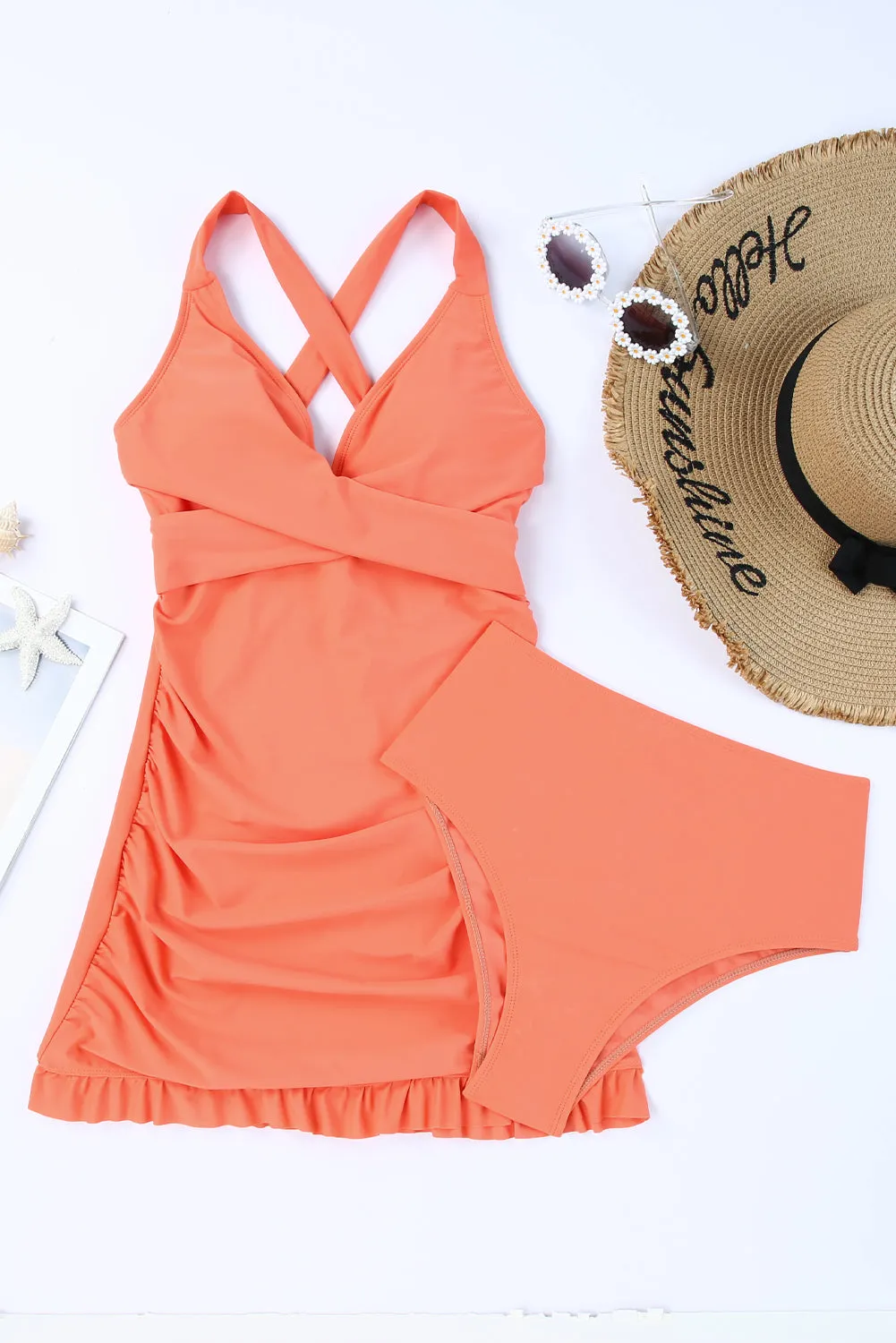 Women Tankini Sets Swimsuits Criss Cross Back Tie Ruched Ruffled Bathing Suit