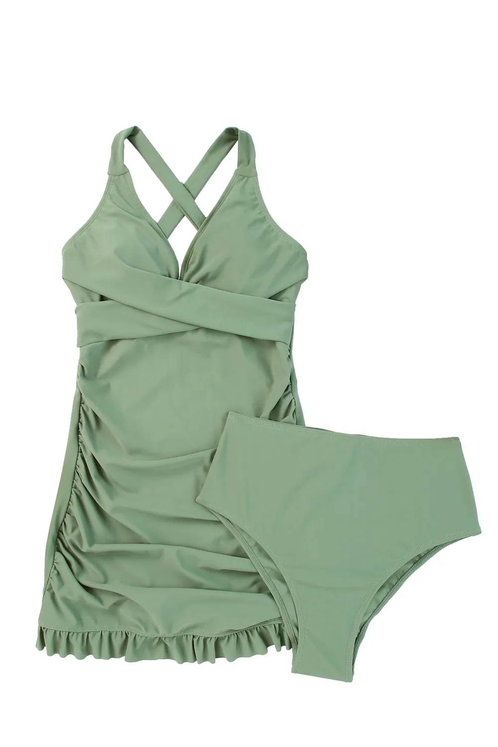 Women Tankini Sets Swimsuits Criss Cross Back Tie Ruched Ruffled Bathing Suit