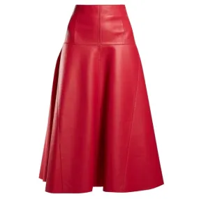 Women’s Lambskin Red Leather Below Knee A-Line Skirt WS37