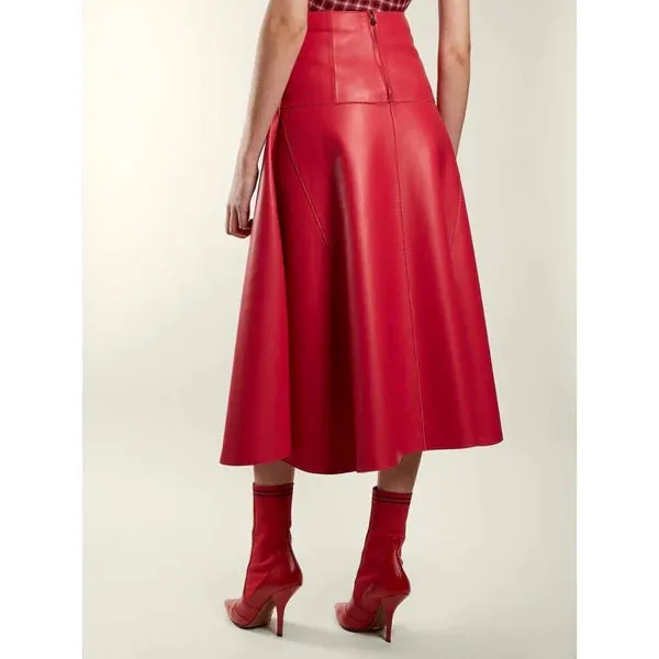 Women’s Lambskin Red Leather Below Knee A-Line Skirt WS37