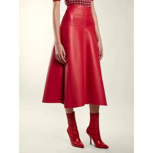 Women’s Lambskin Red Leather Below Knee A-Line Skirt WS37