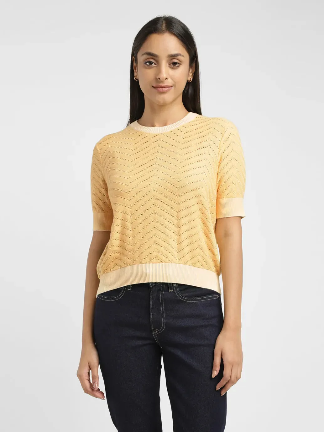 Women's Solid Yellow Crew Neck Sweater