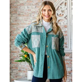 Women's Teal Corduroy Aztec Shacket