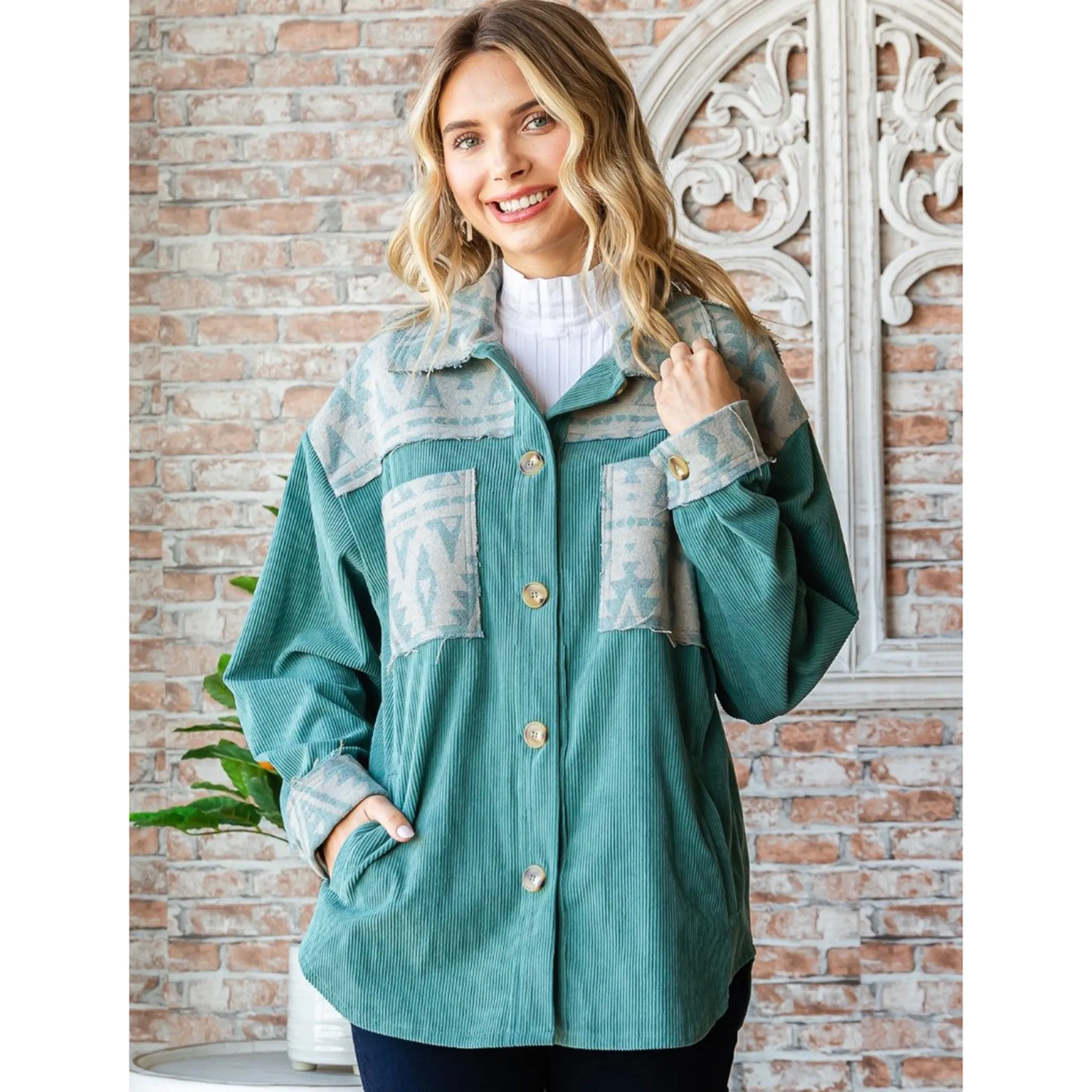 Women's Teal Corduroy Aztec Shacket