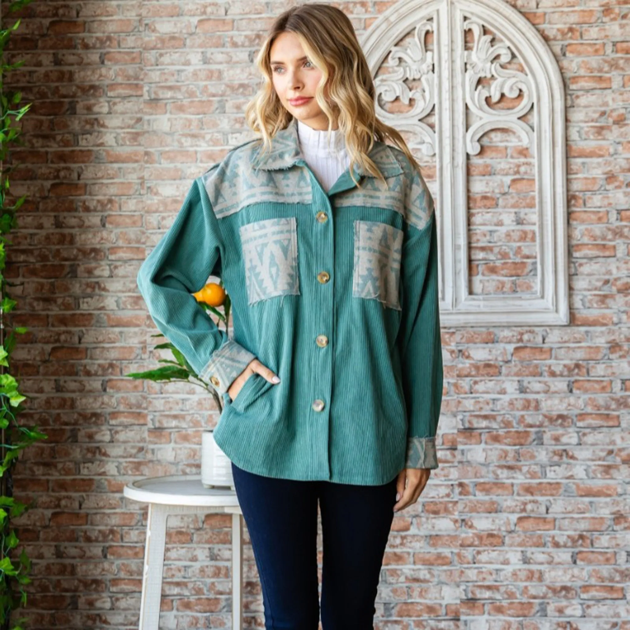 Women's Teal Corduroy Aztec Shacket