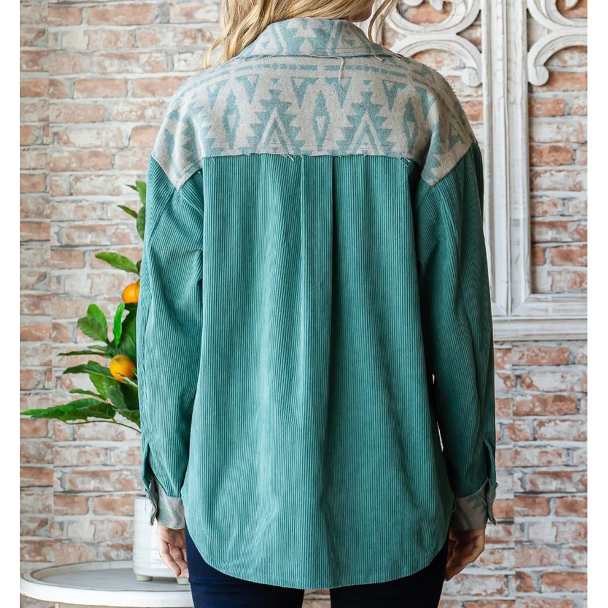 Women's Teal Corduroy Aztec Shacket