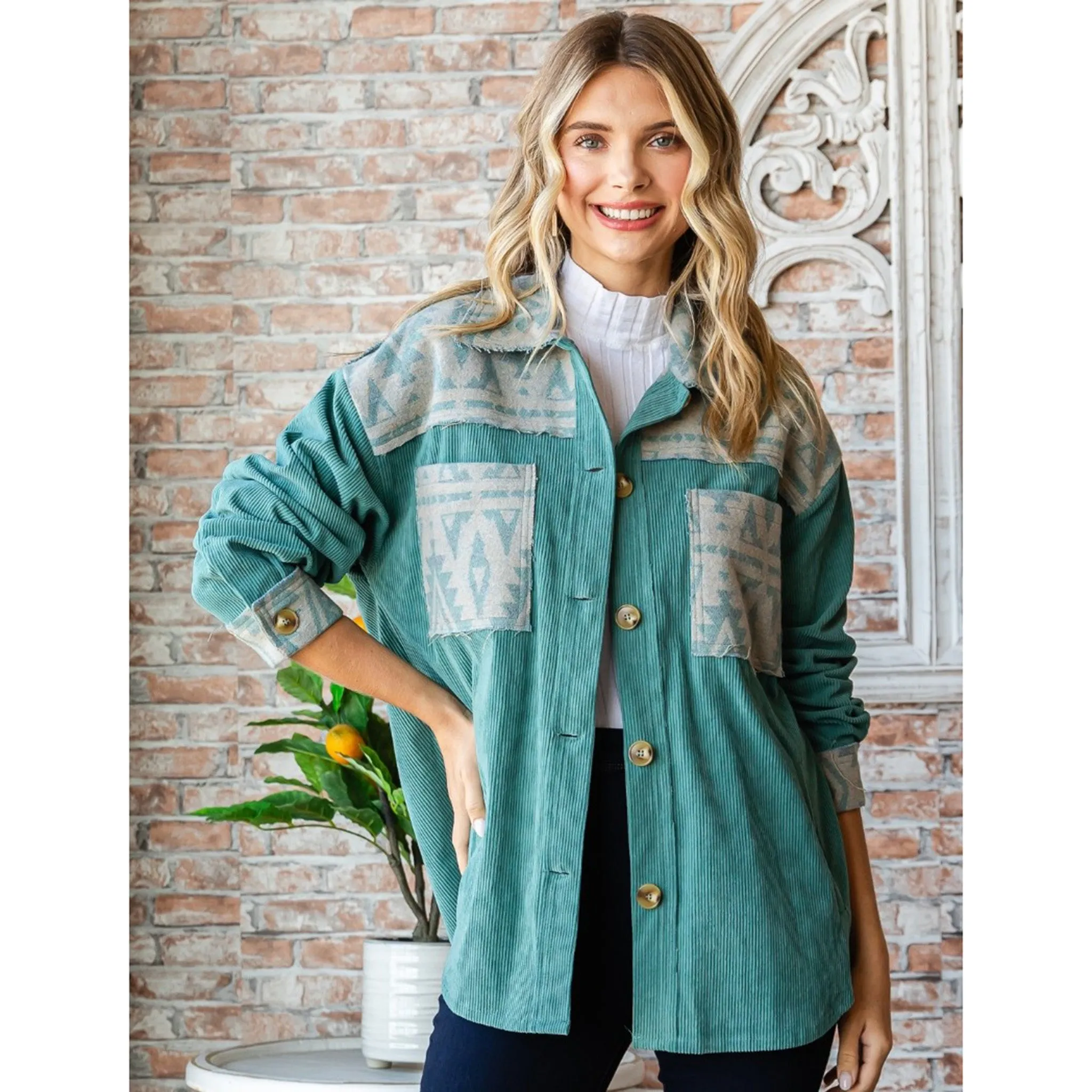 Women's Teal Corduroy Aztec Shacket