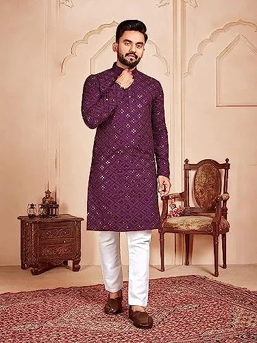 XEPON Men's Mirror Work Soft Cotton with Embroidery Work Straight Kurta (M, Purple)