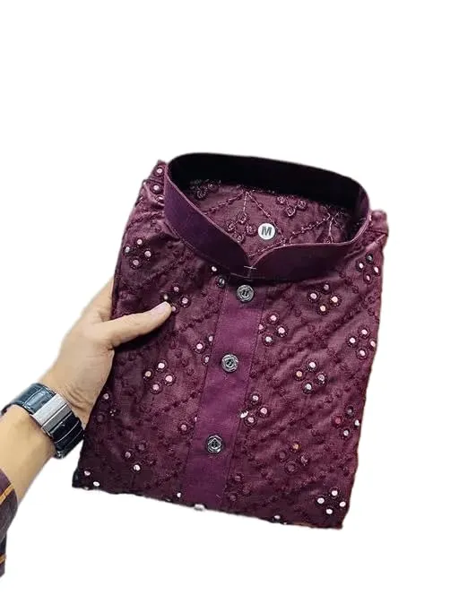 XEPON Men's Mirror Work Soft Cotton with Embroidery Work Straight Kurta (M, Purple)