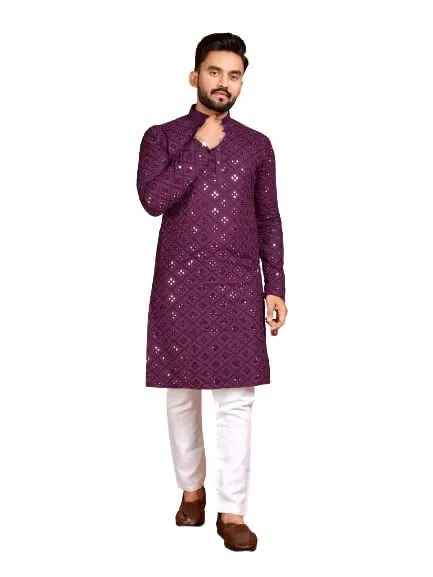 XEPON Men's Mirror Work Soft Cotton with Embroidery Work Straight Kurta (M, Purple)