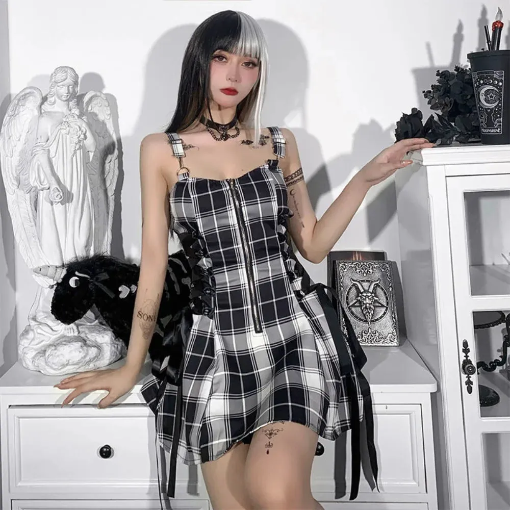 Y2k Gothic Harajuku Goth Plaid Slip Dress Bandage Backless Punk Spaghetti Strap Mini Short Dresses Women Summer