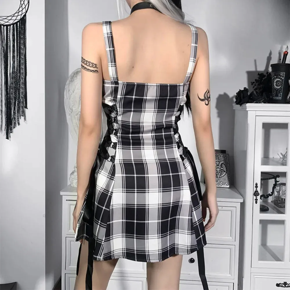 Y2k Gothic Harajuku Goth Plaid Slip Dress Bandage Backless Punk Spaghetti Strap Mini Short Dresses Women Summer