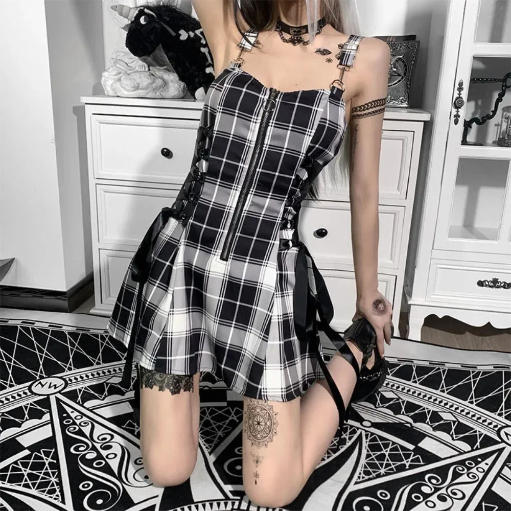 Y2k Gothic Harajuku Goth Plaid Slip Dress Bandage Backless Punk Spaghetti Strap Mini Short Dresses Women Summer