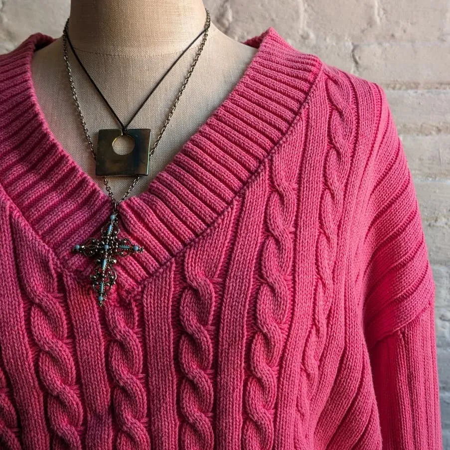 Y2K Vintage Hot Pink Cable Knit Sweater Chunky Ribbed Cropped Barbie Preppy Top