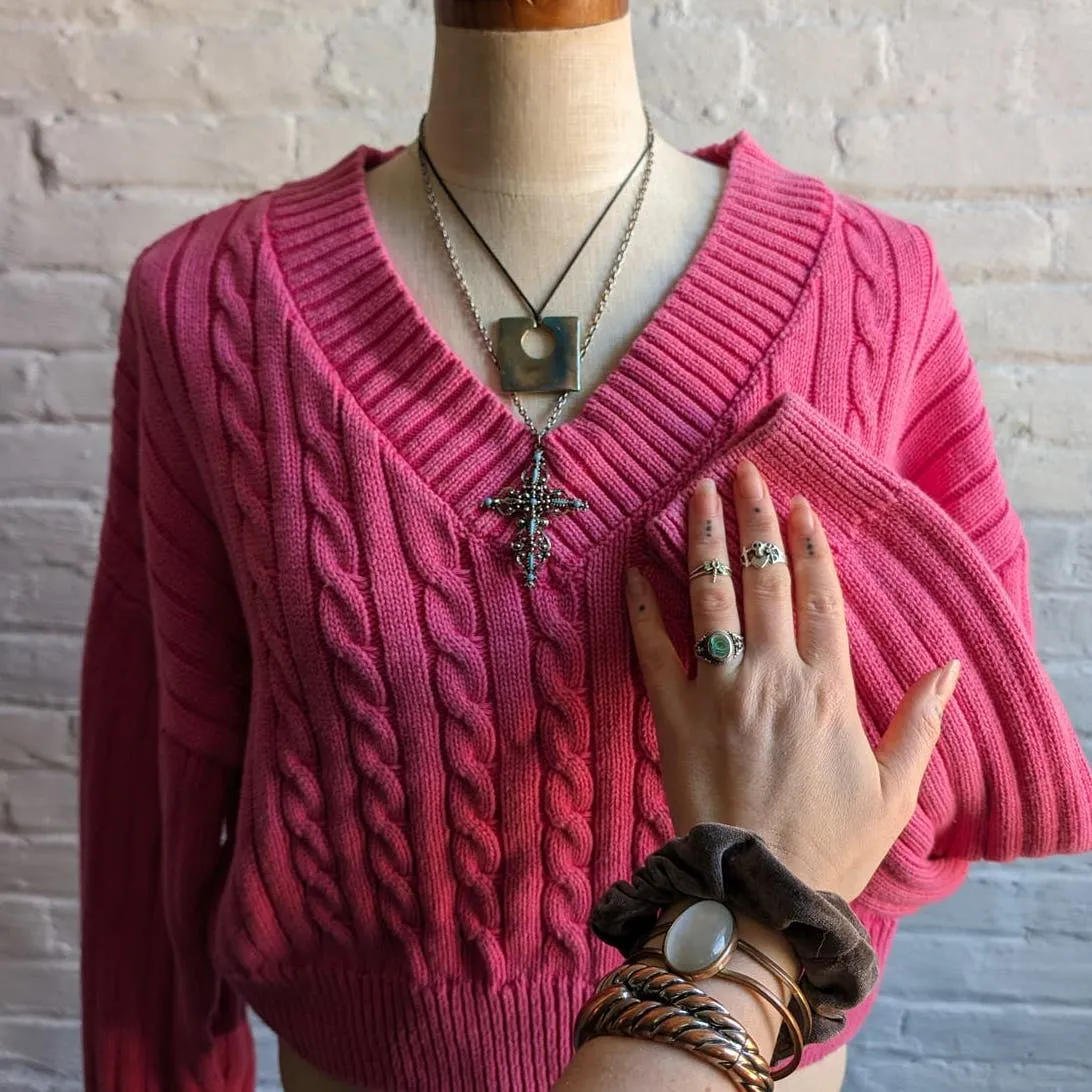 Y2K Vintage Hot Pink Cable Knit Sweater Chunky Ribbed Cropped Barbie Preppy Top