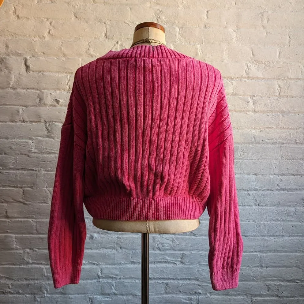 Y2K Vintage Hot Pink Cable Knit Sweater Chunky Ribbed Cropped Barbie Preppy Top