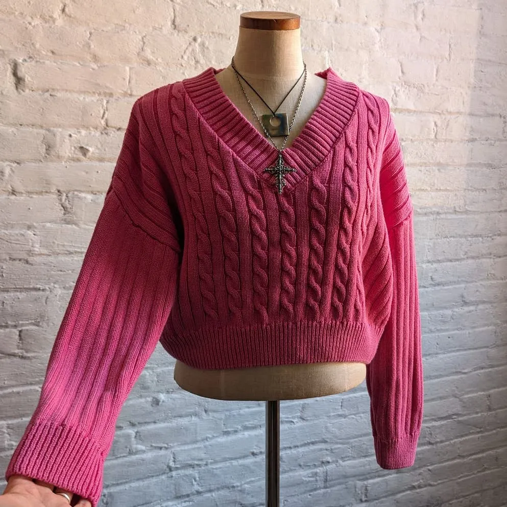 Y2K Vintage Hot Pink Cable Knit Sweater Chunky Ribbed Cropped Barbie Preppy Top